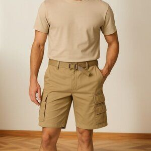 Wicked Mens Pockets Stitch Comfortable Cargo Belted Shorts Khaki Size 32 NWT